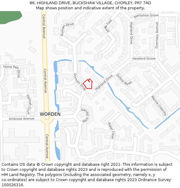 86, HIGHLAND DRIVE, BUCKSHAW VILLAGE, CHORLEY, PR7 7AD: Location map and indicative extent of plot