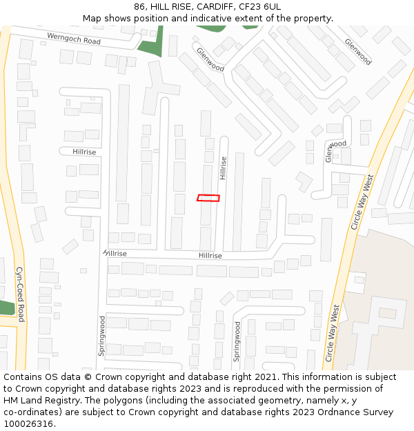 86, HILL RISE, CARDIFF, CF23 6UL: Location map and indicative extent of plot