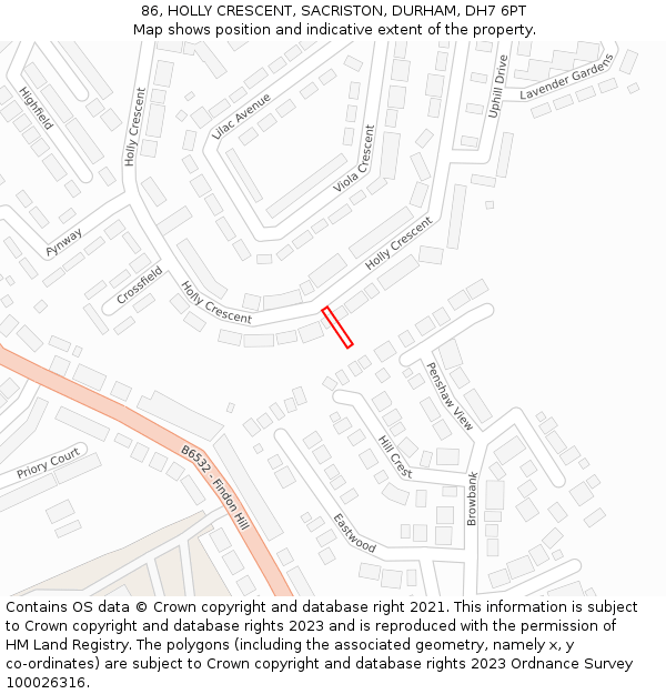 86, HOLLY CRESCENT, SACRISTON, DURHAM, DH7 6PT: Location map and indicative extent of plot