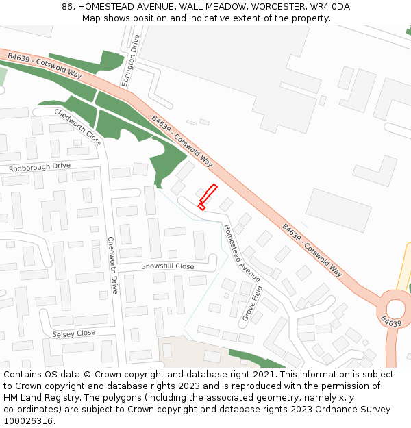 86, HOMESTEAD AVENUE, WALL MEADOW, WORCESTER, WR4 0DA: Location map and indicative extent of plot