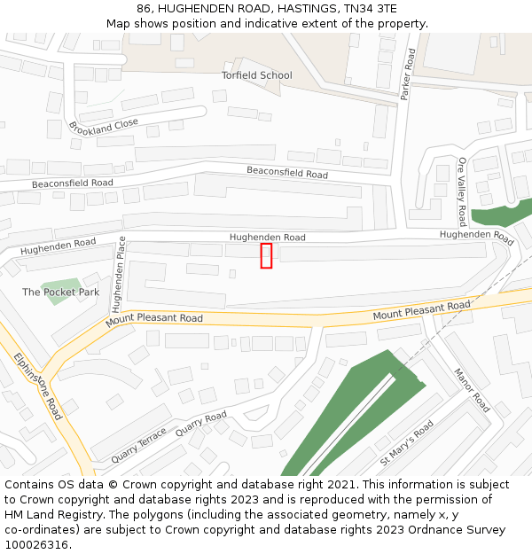 86, HUGHENDEN ROAD, HASTINGS, TN34 3TE: Location map and indicative extent of plot