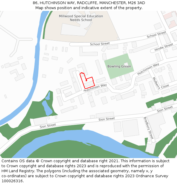 86, HUTCHINSON WAY, RADCLIFFE, MANCHESTER, M26 3AD: Location map and indicative extent of plot