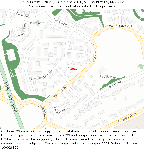 86, ISAACSON DRIVE, WAVENDON GATE, MILTON KEYNES, MK7 7RZ: Location map and indicative extent of plot