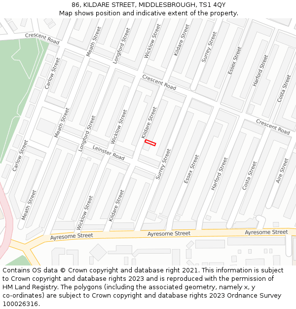 86, KILDARE STREET, MIDDLESBROUGH, TS1 4QY: Location map and indicative extent of plot