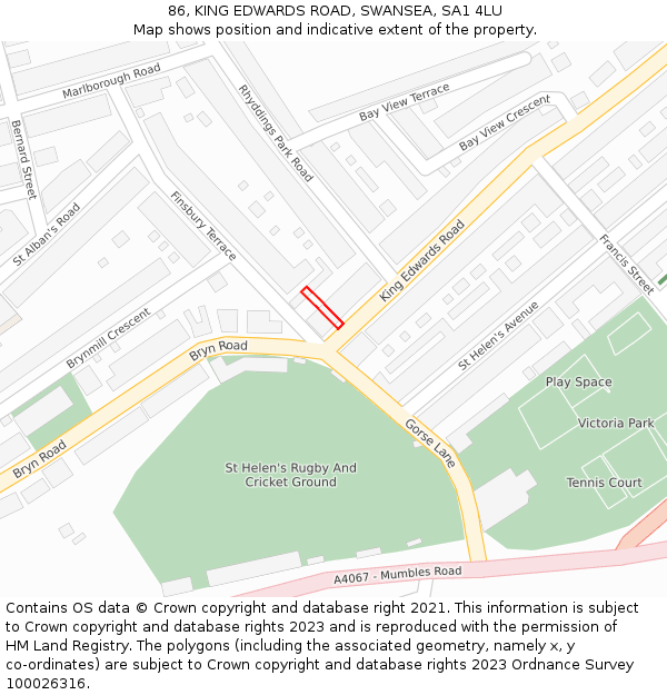 86, KING EDWARDS ROAD, SWANSEA, SA1 4LU: Location map and indicative extent of plot