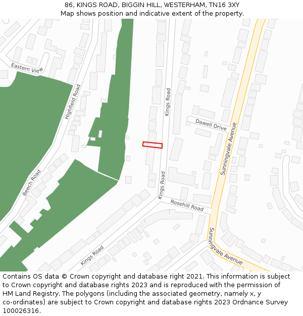 86, KINGS ROAD, BIGGIN HILL, WESTERHAM, TN16 3XY: Location map and indicative extent of plot