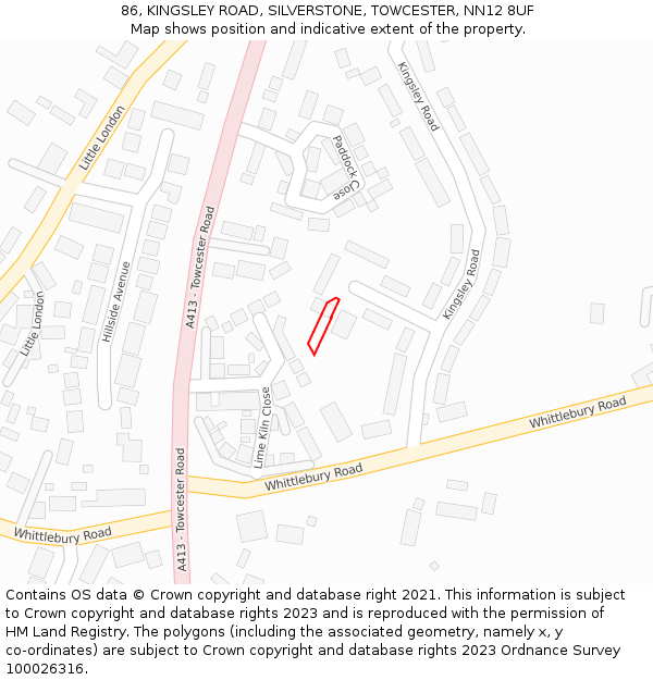 86, KINGSLEY ROAD, SILVERSTONE, TOWCESTER, NN12 8UF: Location map and indicative extent of plot