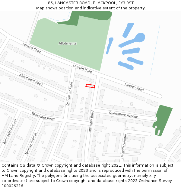 86, LANCASTER ROAD, BLACKPOOL, FY3 9ST: Location map and indicative extent of plot