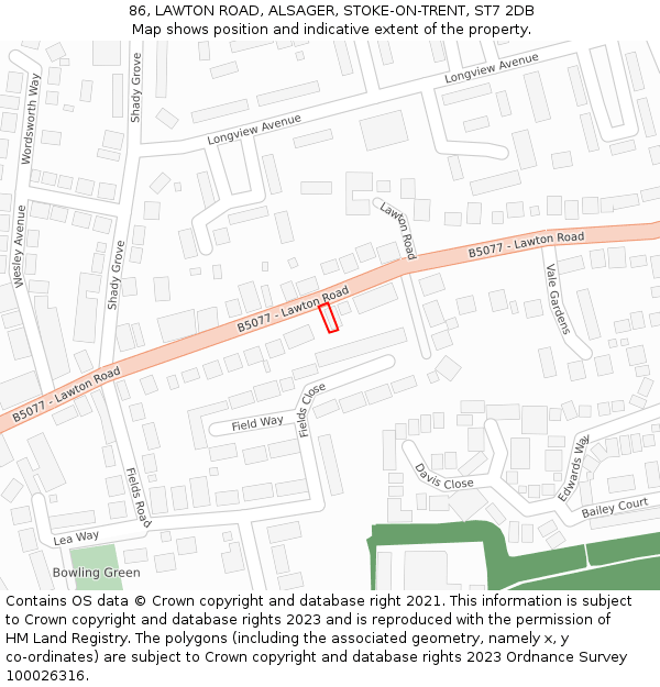 86, LAWTON ROAD, ALSAGER, STOKE-ON-TRENT, ST7 2DB: Location map and indicative extent of plot
