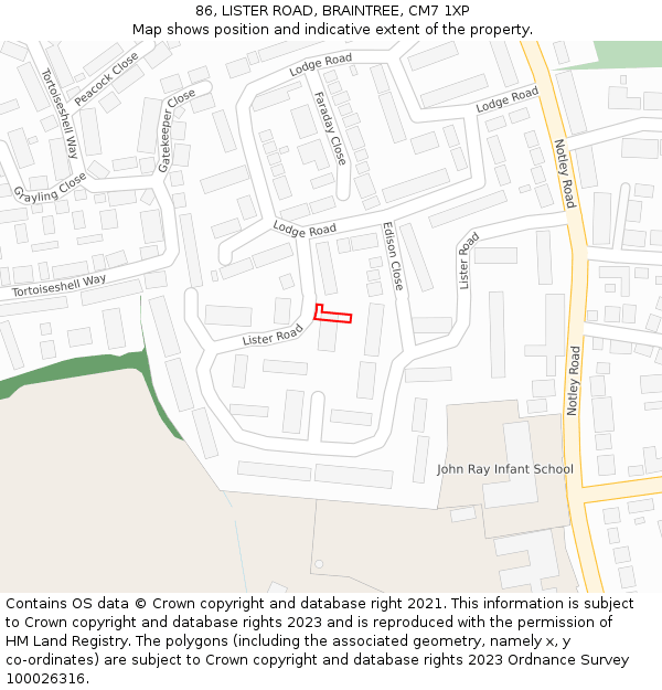 86, LISTER ROAD, BRAINTREE, CM7 1XP: Location map and indicative extent of plot