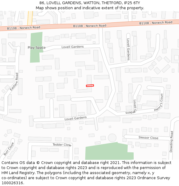 86, LOVELL GARDENS, WATTON, THETFORD, IP25 6TY: Location map and indicative extent of plot
