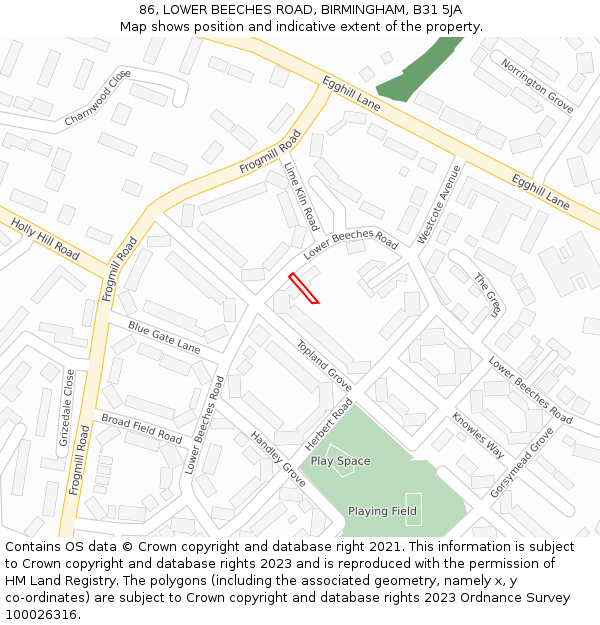 86, LOWER BEECHES ROAD, BIRMINGHAM, B31 5JA: Location map and indicative extent of plot