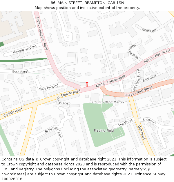 86, MAIN STREET, BRAMPTON, CA8 1SN: Location map and indicative extent of plot