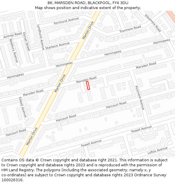 86, MARSDEN ROAD, BLACKPOOL, FY4 3DU: Location map and indicative extent of plot