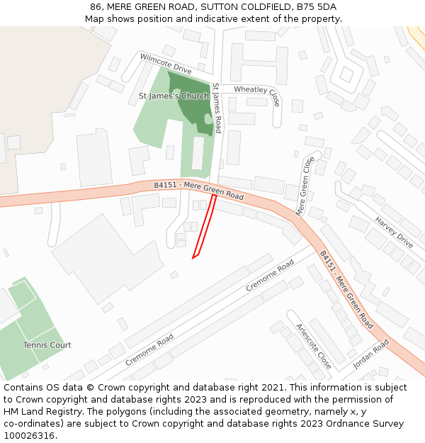 86, MERE GREEN ROAD, SUTTON COLDFIELD, B75 5DA: Location map and indicative extent of plot