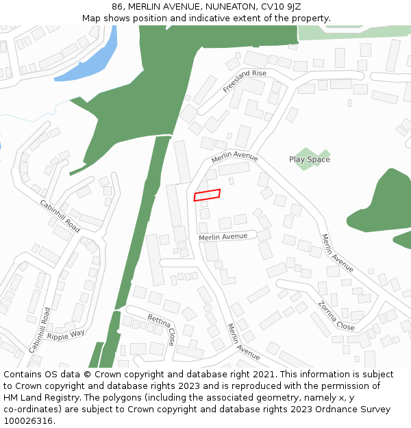 86, MERLIN AVENUE, NUNEATON, CV10 9JZ: Location map and indicative extent of plot