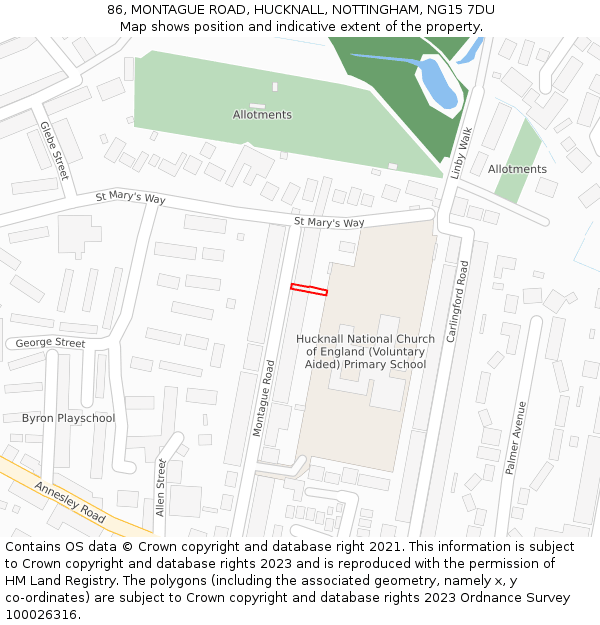 86, MONTAGUE ROAD, HUCKNALL, NOTTINGHAM, NG15 7DU: Location map and indicative extent of plot