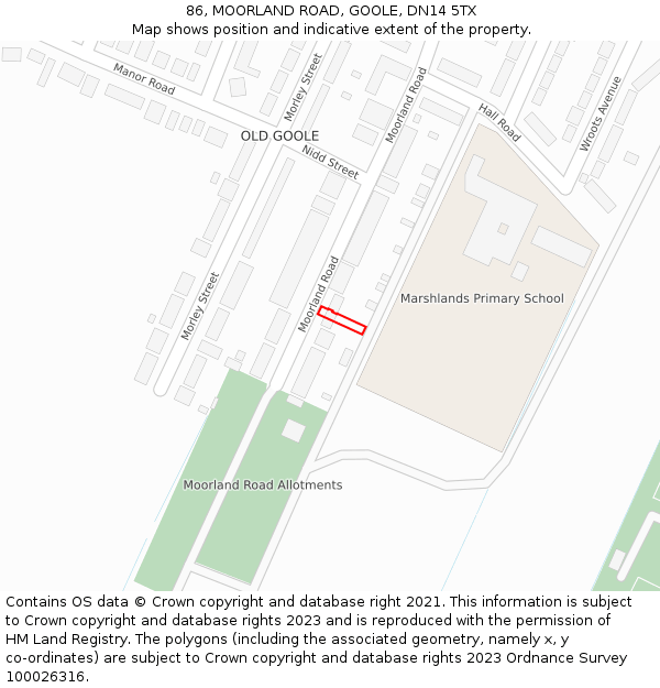 86, MOORLAND ROAD, GOOLE, DN14 5TX: Location map and indicative extent of plot