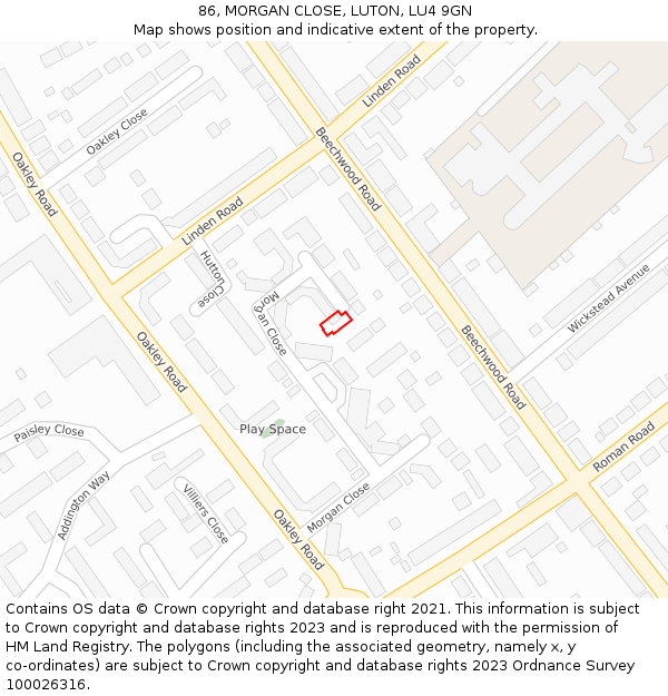 86, MORGAN CLOSE, LUTON, LU4 9GN: Location map and indicative extent of plot