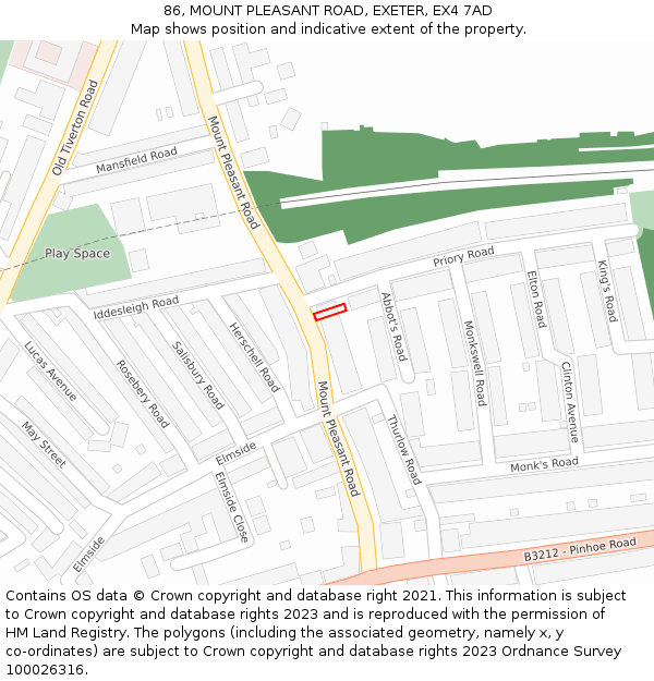 86, MOUNT PLEASANT ROAD, EXETER, EX4 7AD: Location map and indicative extent of plot