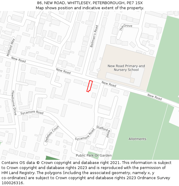 86, NEW ROAD, WHITTLESEY, PETERBOROUGH, PE7 1SX: Location map and indicative extent of plot