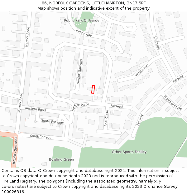86, NORFOLK GARDENS, LITTLEHAMPTON, BN17 5PF: Location map and indicative extent of plot
