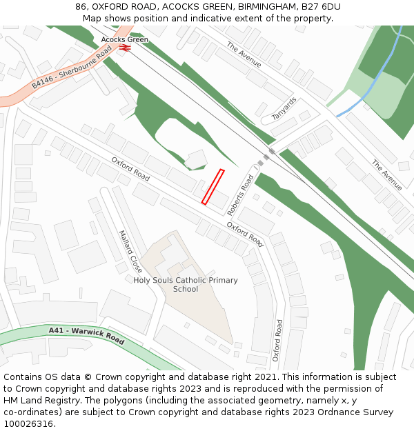 86, OXFORD ROAD, ACOCKS GREEN, BIRMINGHAM, B27 6DU: Location map and indicative extent of plot