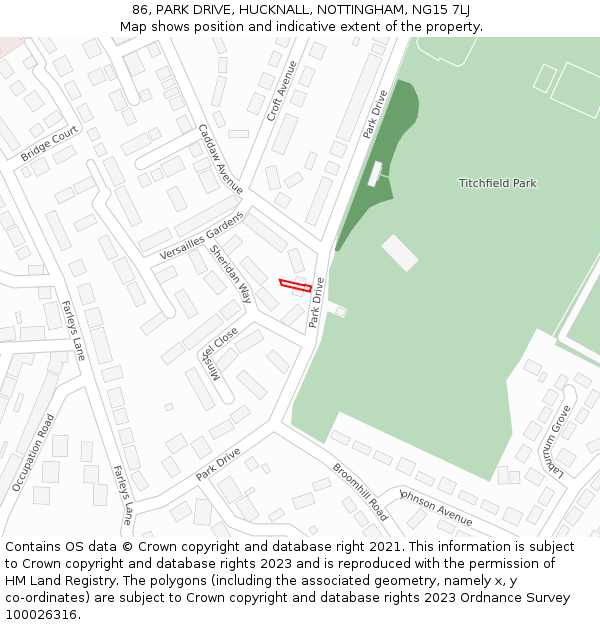86, PARK DRIVE, HUCKNALL, NOTTINGHAM, NG15 7LJ: Location map and indicative extent of plot