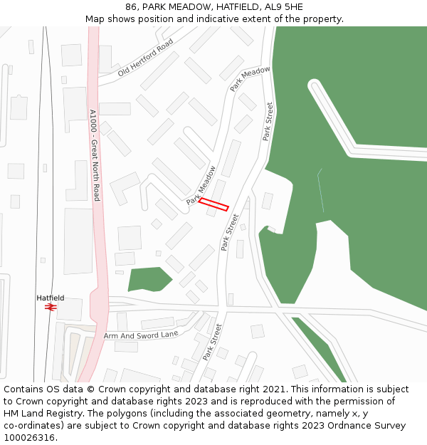 86, PARK MEADOW, HATFIELD, AL9 5HE: Location map and indicative extent of plot