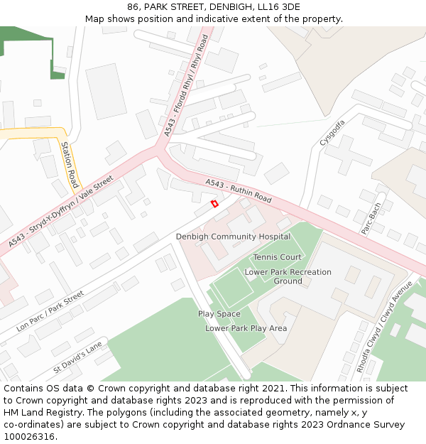 86, PARK STREET, DENBIGH, LL16 3DE: Location map and indicative extent of plot