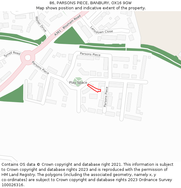 86, PARSONS PIECE, BANBURY, OX16 9GW: Location map and indicative extent of plot
