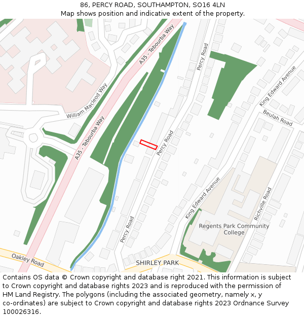 86, PERCY ROAD, SOUTHAMPTON, SO16 4LN: Location map and indicative extent of plot