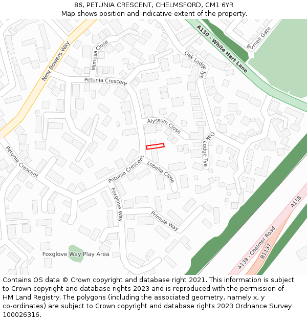 86, PETUNIA CRESCENT, CHELMSFORD, CM1 6YR: Location map and indicative extent of plot