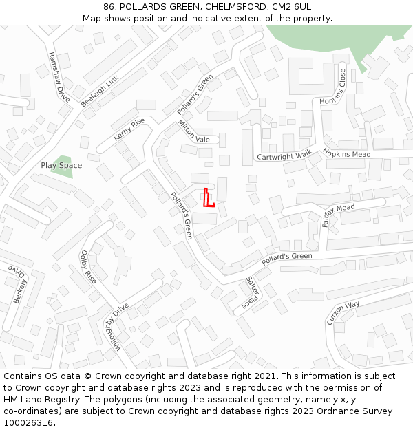 86, POLLARDS GREEN, CHELMSFORD, CM2 6UL: Location map and indicative extent of plot