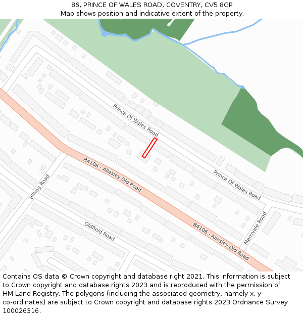 86, PRINCE OF WALES ROAD, COVENTRY, CV5 8GP: Location map and indicative extent of plot
