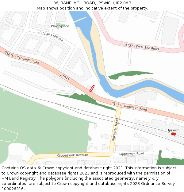 86, RANELAGH ROAD, IPSWICH, IP2 0AB: Location map and indicative extent of plot