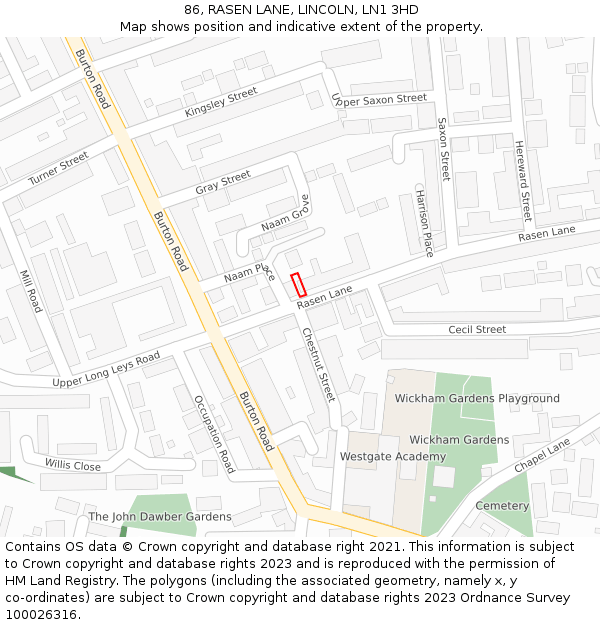 86, RASEN LANE, LINCOLN, LN1 3HD: Location map and indicative extent of plot