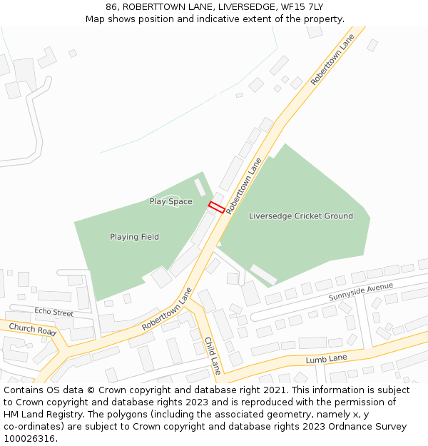 86, ROBERTTOWN LANE, LIVERSEDGE, WF15 7LY: Location map and indicative extent of plot