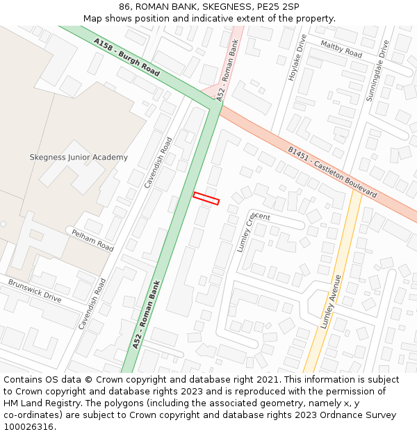 86, ROMAN BANK, SKEGNESS, PE25 2SP: Location map and indicative extent of plot