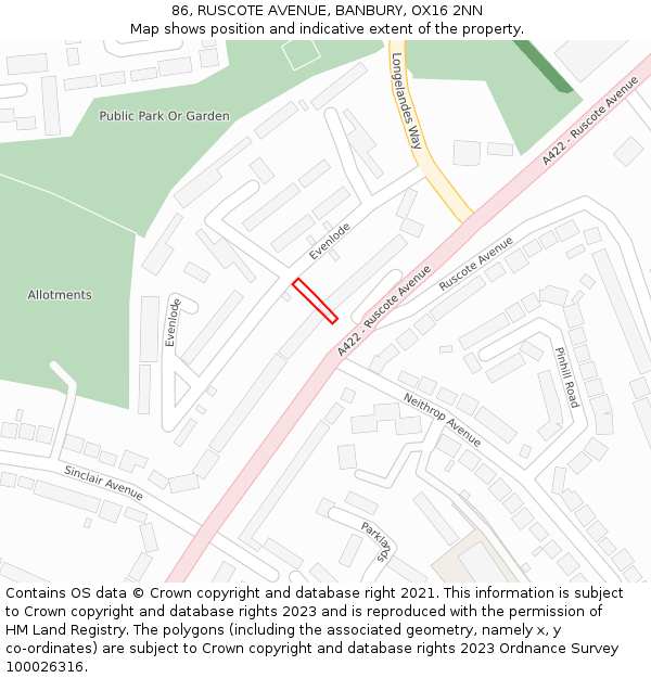 86, RUSCOTE AVENUE, BANBURY, OX16 2NN: Location map and indicative extent of plot