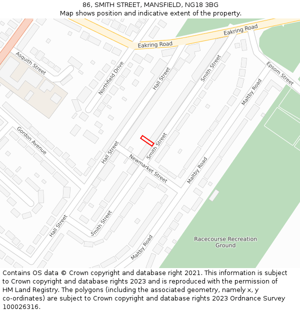 86, SMITH STREET, MANSFIELD, NG18 3BG: Location map and indicative extent of plot