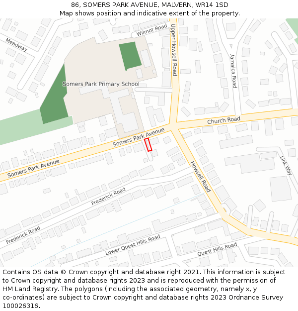 86, SOMERS PARK AVENUE, MALVERN, WR14 1SD: Location map and indicative extent of plot