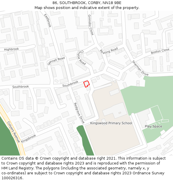 86, SOUTHBROOK, CORBY, NN18 9BE: Location map and indicative extent of plot