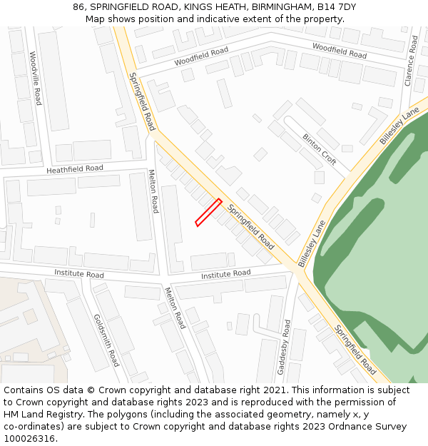 86, SPRINGFIELD ROAD, KINGS HEATH, BIRMINGHAM, B14 7DY: Location map and indicative extent of plot