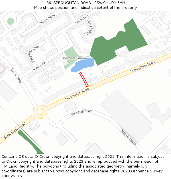 86, SPROUGHTON ROAD, IPSWICH, IP1 5AH: Location map and indicative extent of plot