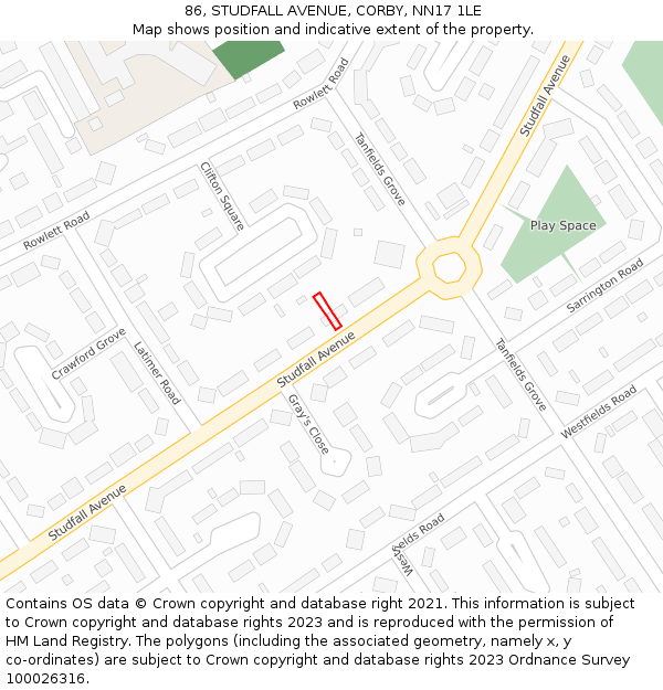 86, STUDFALL AVENUE, CORBY, NN17 1LE: Location map and indicative extent of plot