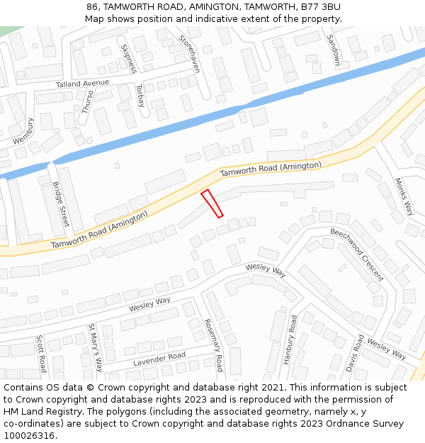 86, TAMWORTH ROAD, AMINGTON, TAMWORTH, B77 3BU: Location map and indicative extent of plot