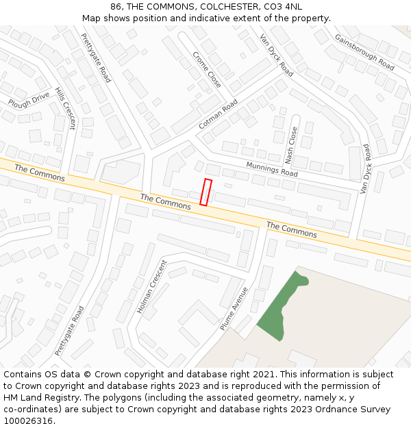 86, THE COMMONS, COLCHESTER, CO3 4NL: Location map and indicative extent of plot