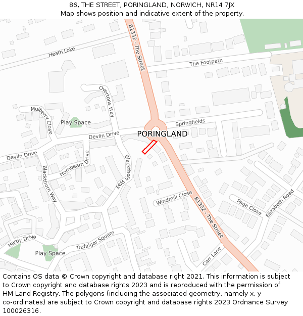 86, THE STREET, PORINGLAND, NORWICH, NR14 7JX: Location map and indicative extent of plot