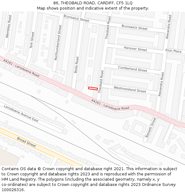 86, THEOBALD ROAD, CARDIFF, CF5 1LQ: Location map and indicative extent of plot